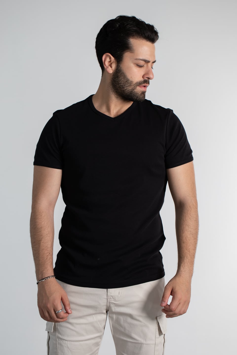 V yaka basıc t-shırt-2144 Siyah