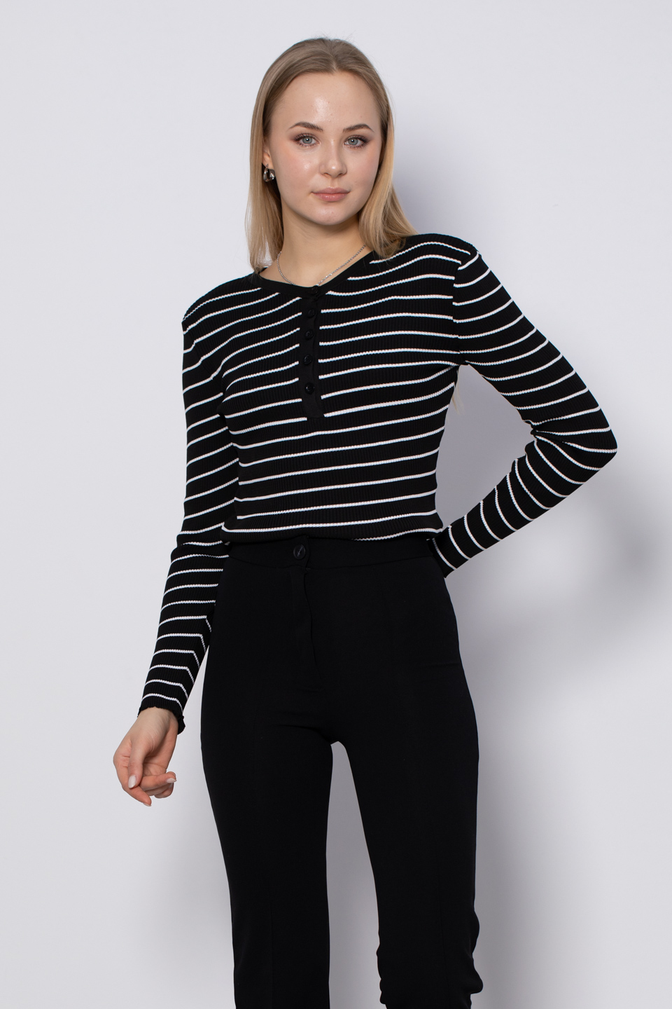 V yaka çizgili triko body-3044 Siyah/Beyaz