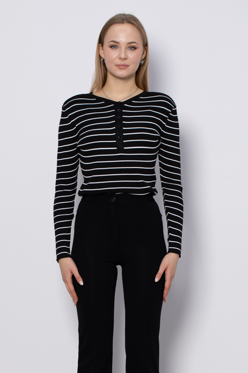 V yaka çizgili triko body-3044 Siyah/Beyaz