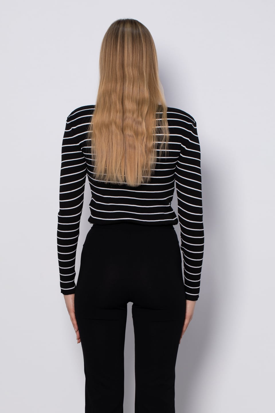 V yaka çizgili triko body-3044 Siyah/Beyaz