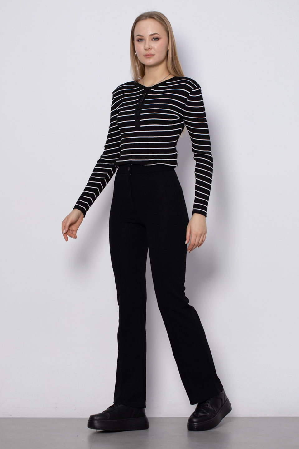 V yaka çizgili triko body-3044 Siyah/Beyaz