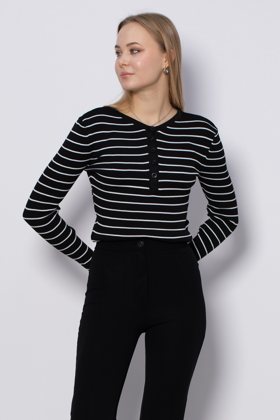 V yaka çizgili triko body-3044 Siyah/Beyaz