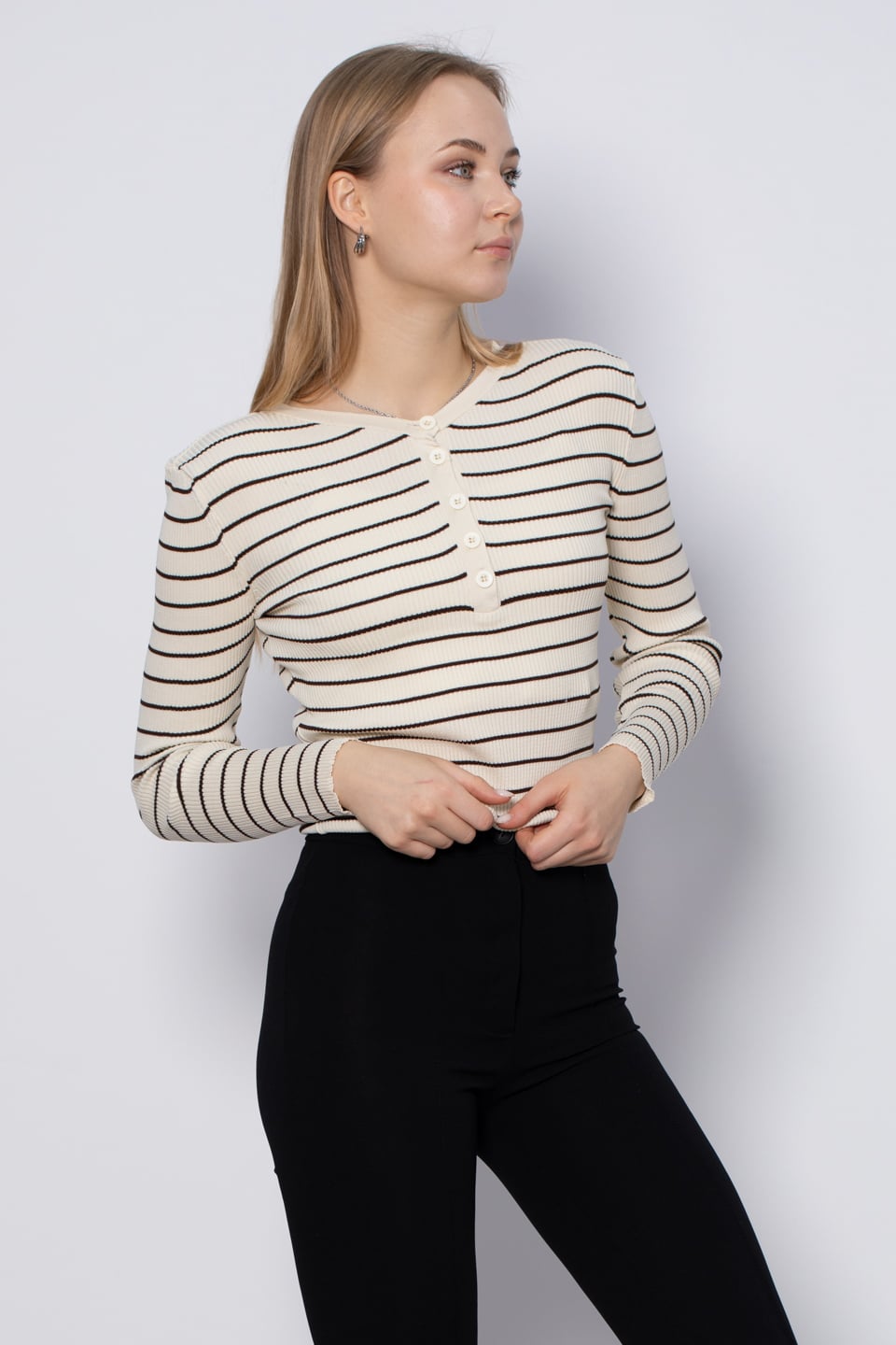 V yaka çizgili triko body-3044 Taş/Kahve