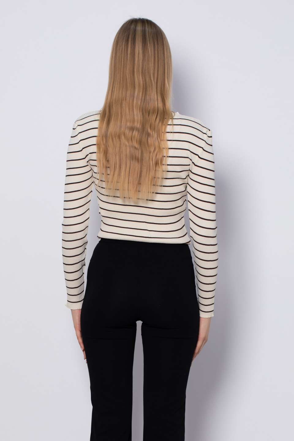 V yaka çizgili triko body-3044 Taş/Kahve