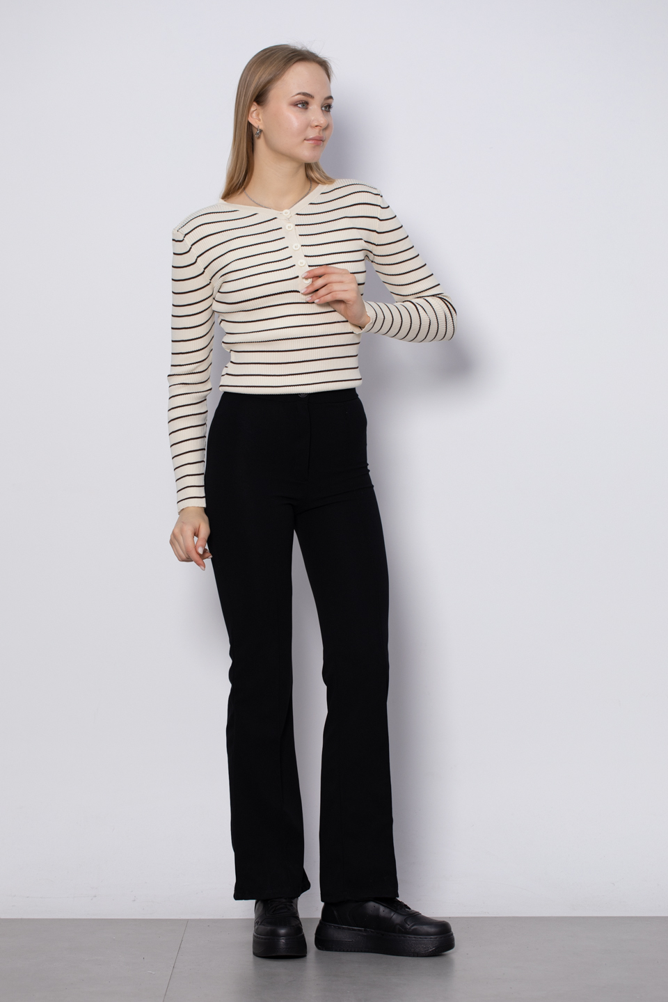 V yaka çizgili triko body-3044 Taş/Kahve