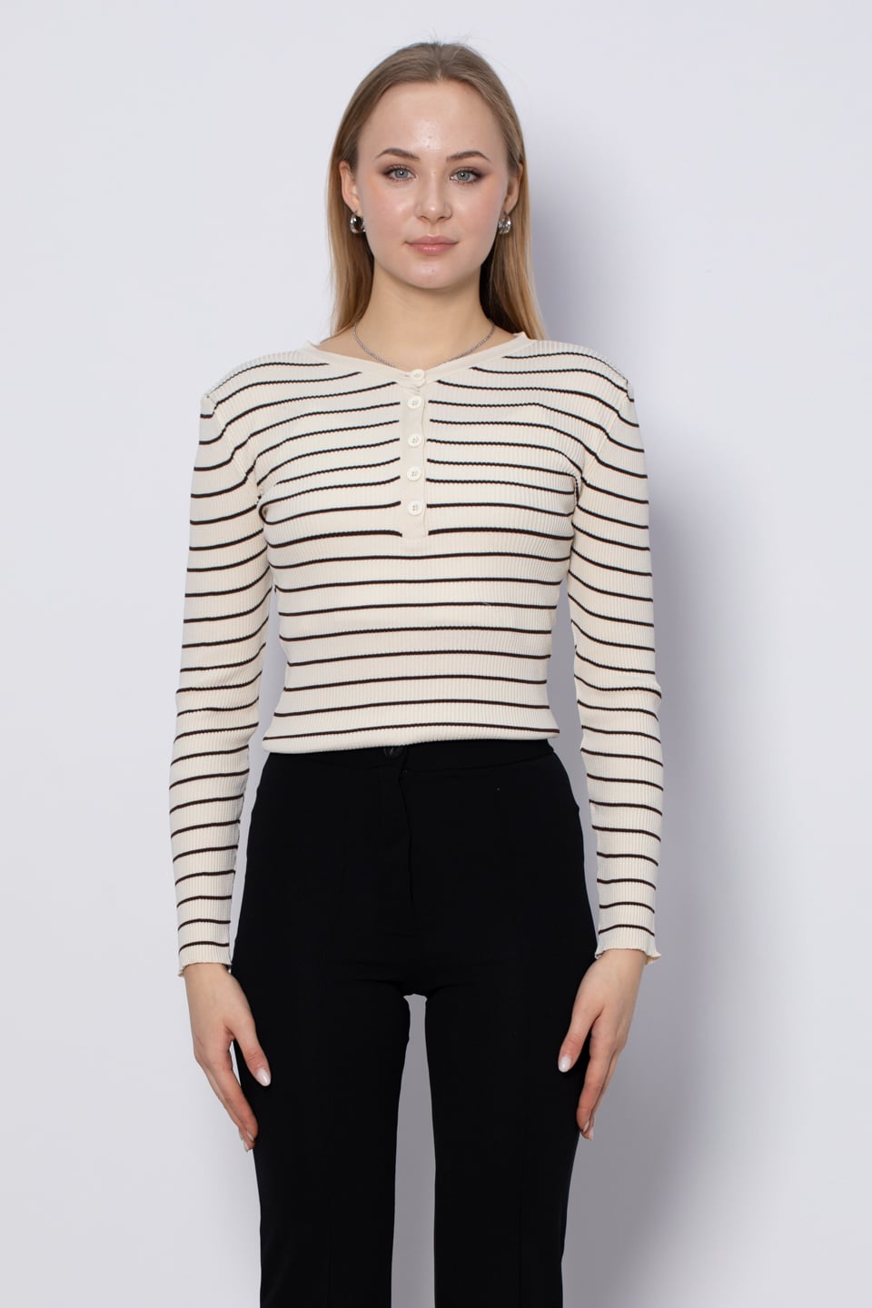 V yaka çizgili triko body-3044 Taş/Kahve