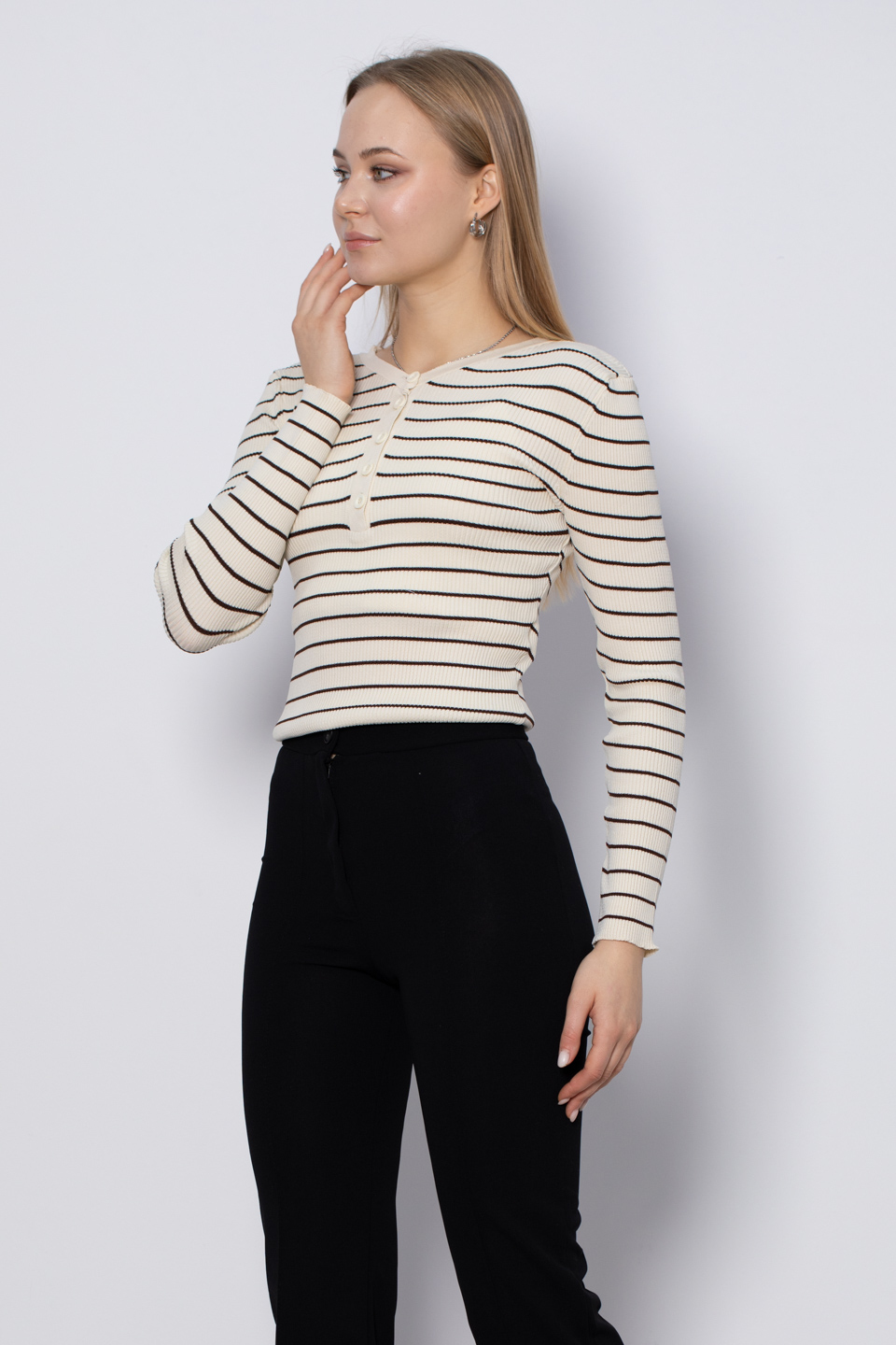 V yaka çizgili triko body-3044 Taş/Kahve