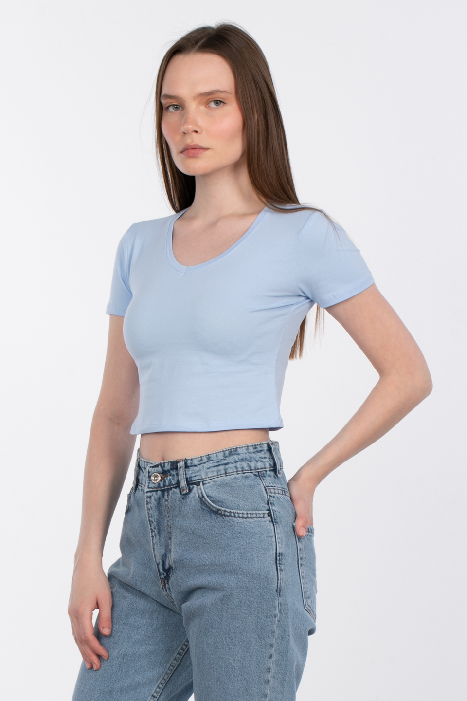 V yaka crop body-R531 Mavi