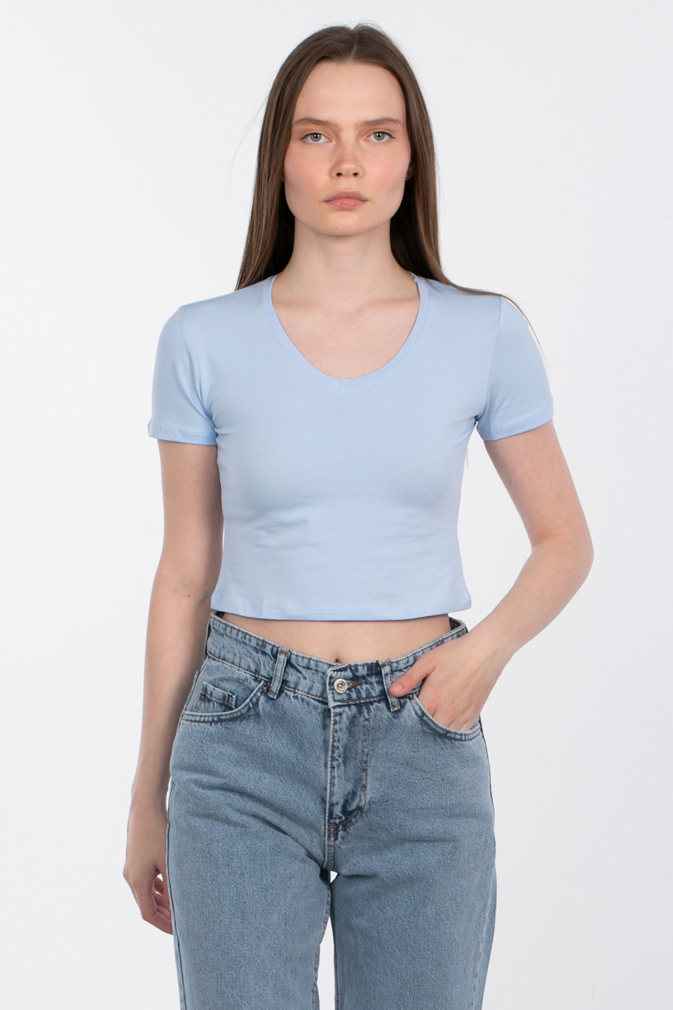 V yaka crop body-R531 Mavi