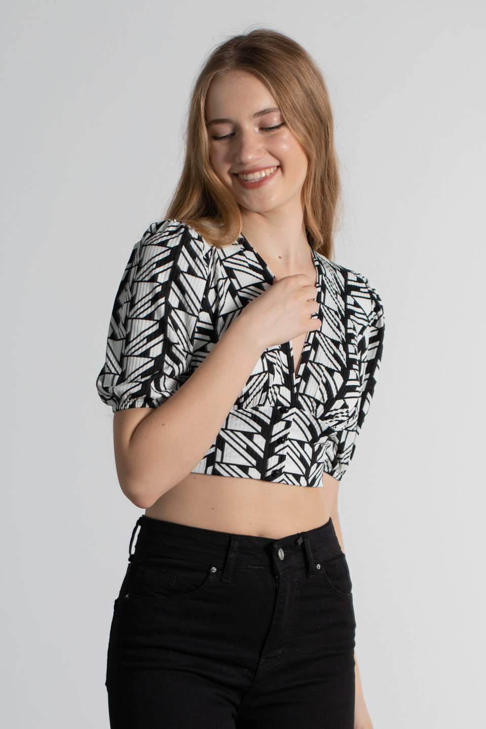 V yaka desenli bluz-S-0019 Geometrik Desen