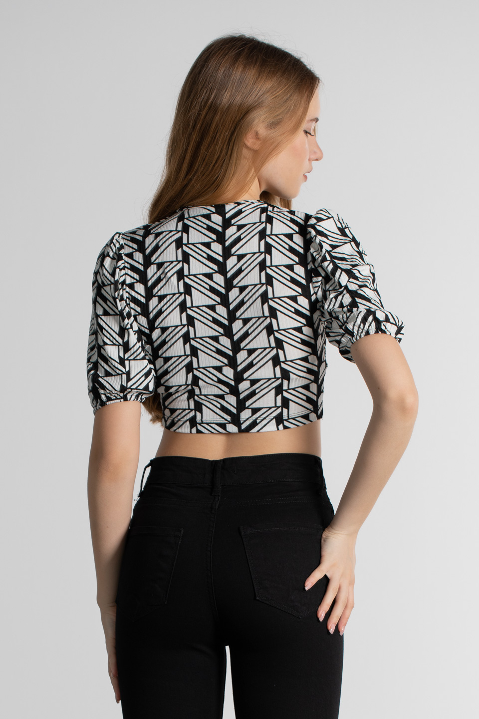 V yaka desenli bluz-S-0019 Geometrik Desen