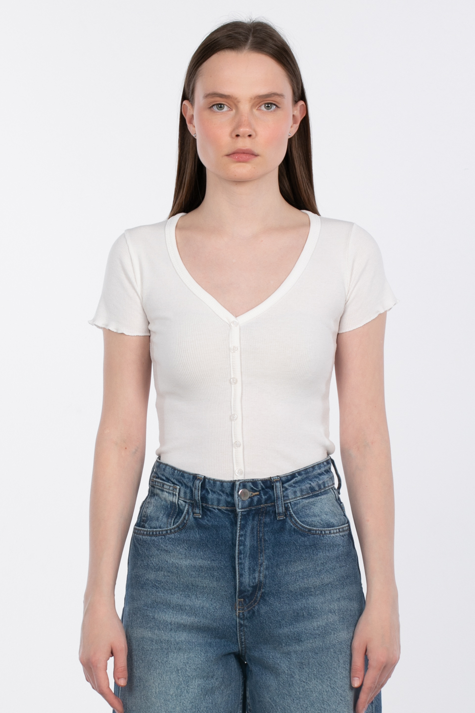 V yaka düğmeli crop body-DVN0980 Ekru