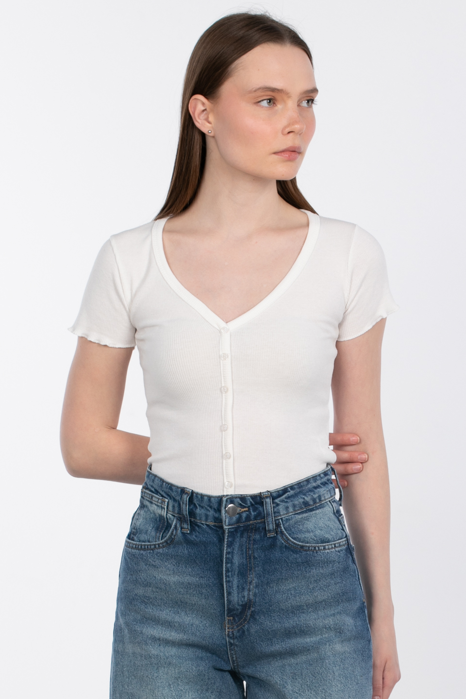 V yaka düğmeli crop body-DVN0980 Ekru
