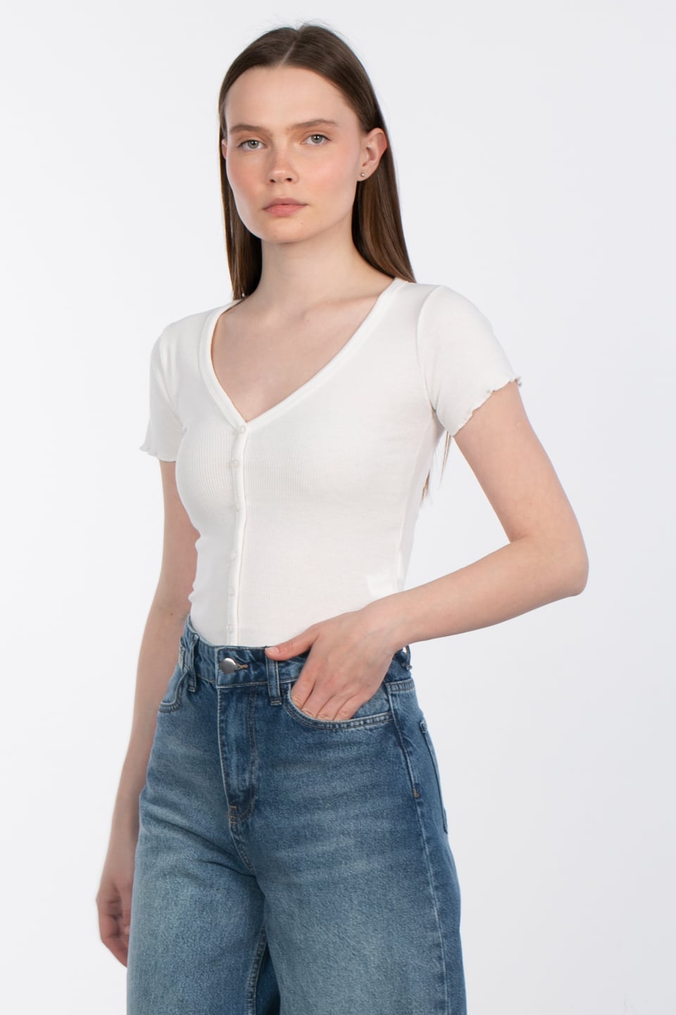 V yaka düğmeli crop body-DVN0980 Ekru