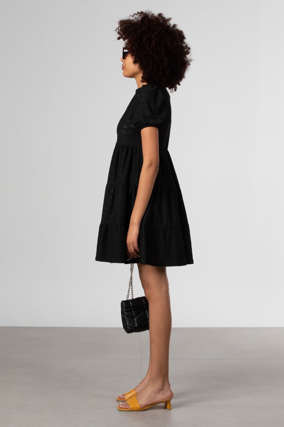 V yaka kısa kollu mini elbise-S0012761 Siyah