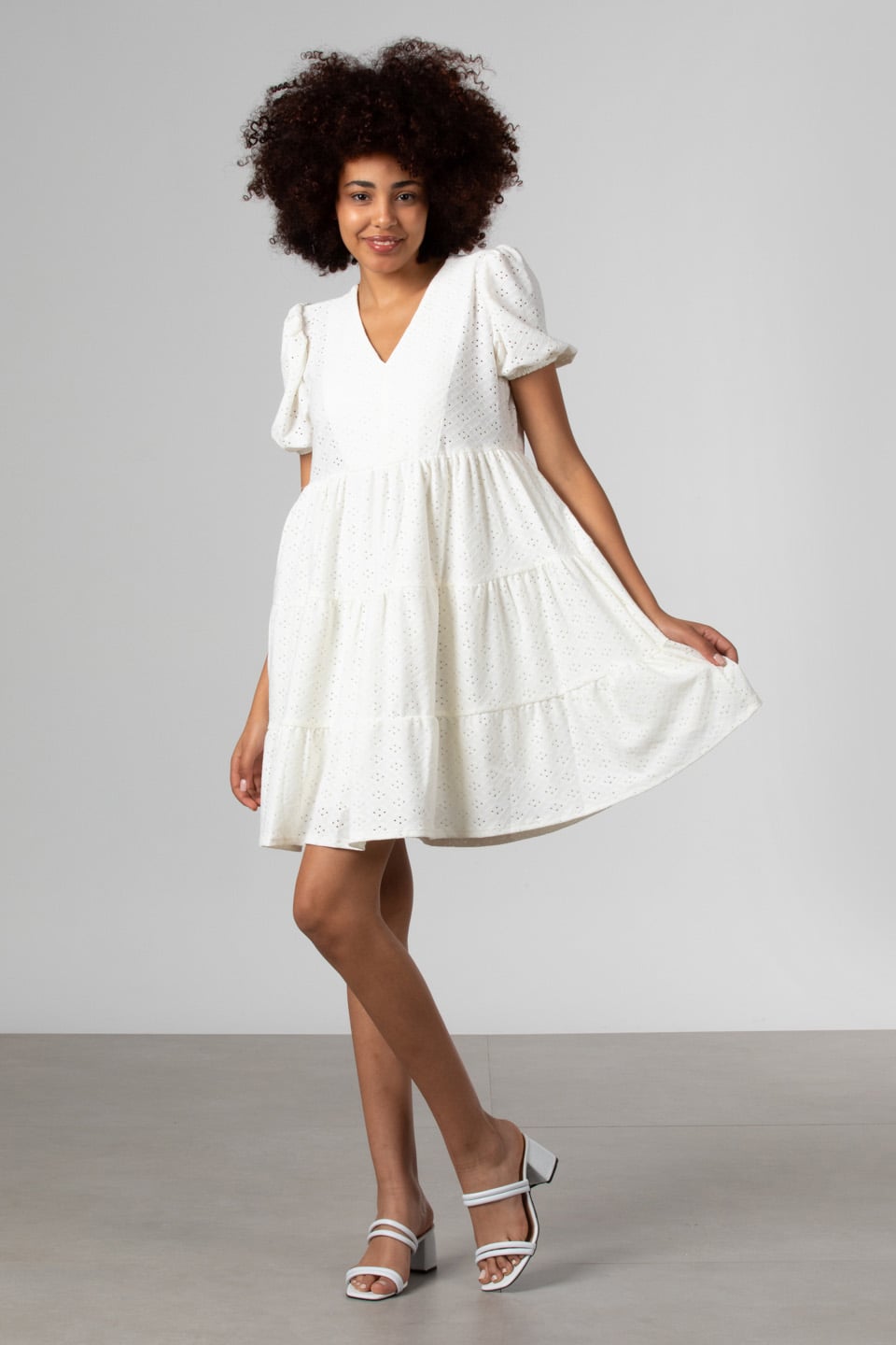 V yaka kısa kollu mini elbise-S0012761 Ekru