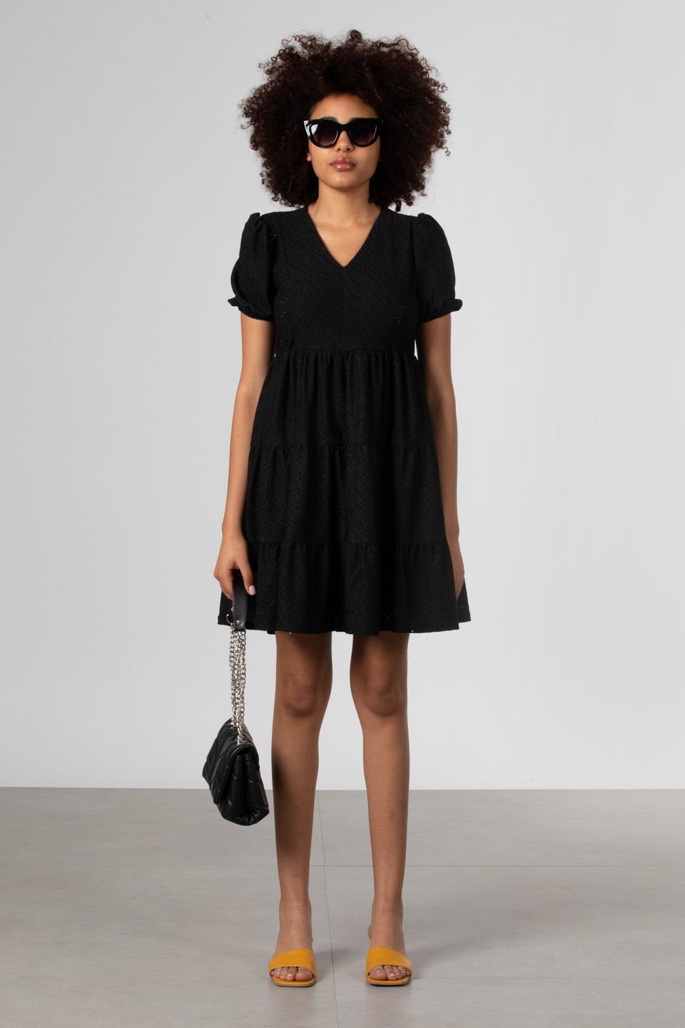 V yaka kısa kollu mini elbise-S0012761 Siyah