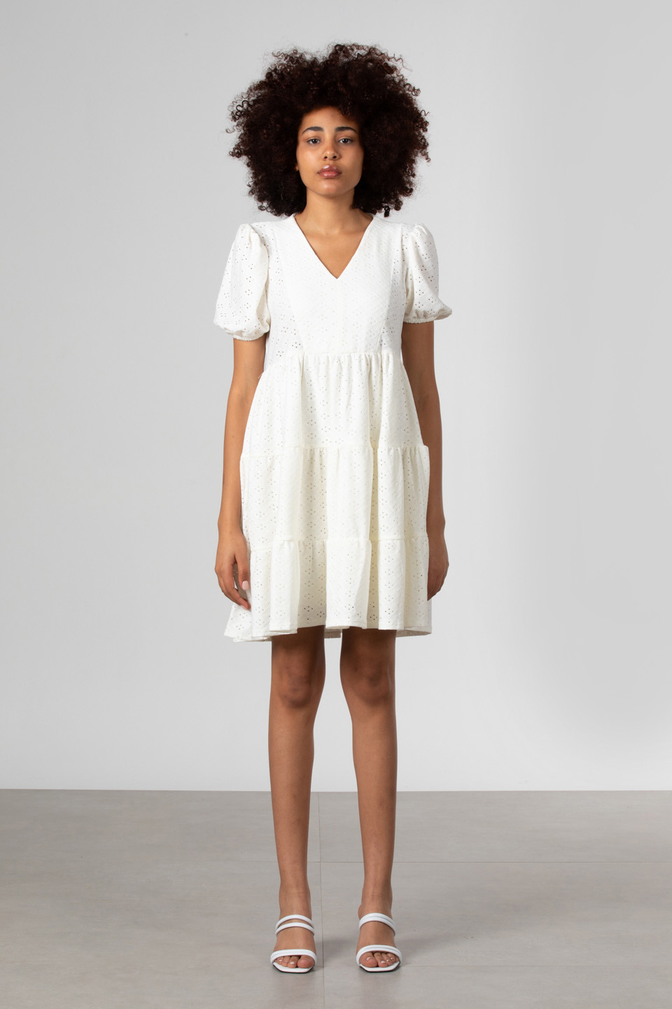 V yaka kısa kollu mini elbise-S0012761 Ekru
