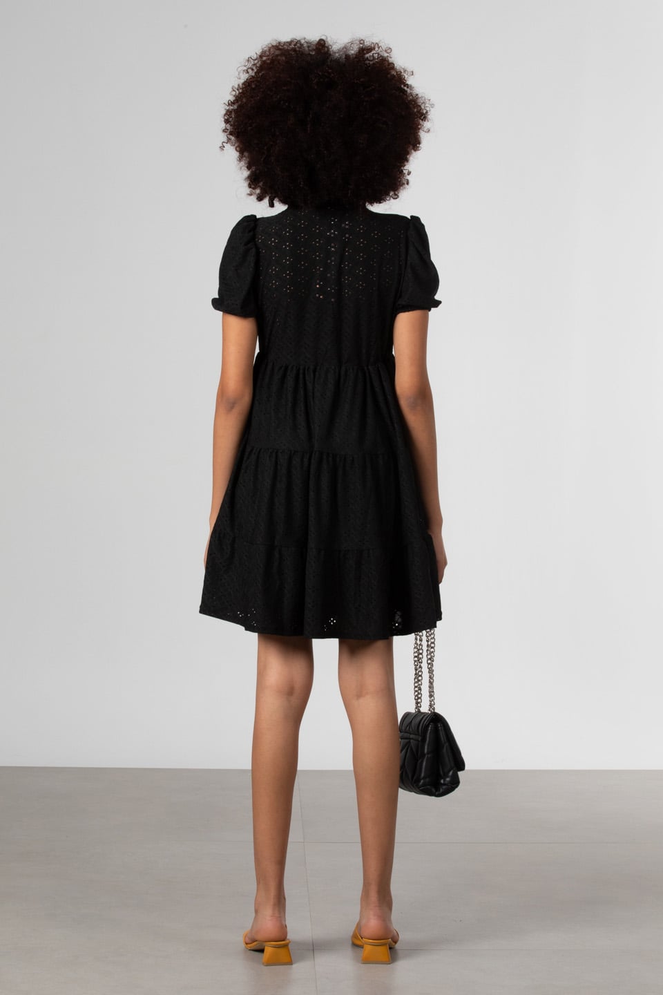V yaka kısa kollu mini elbise-S0012761 Siyah