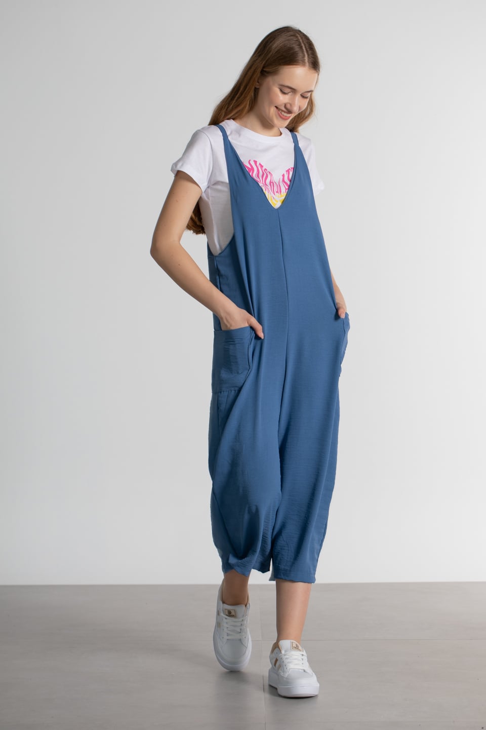 V yaka torba cepli tulum-3915 İndigo