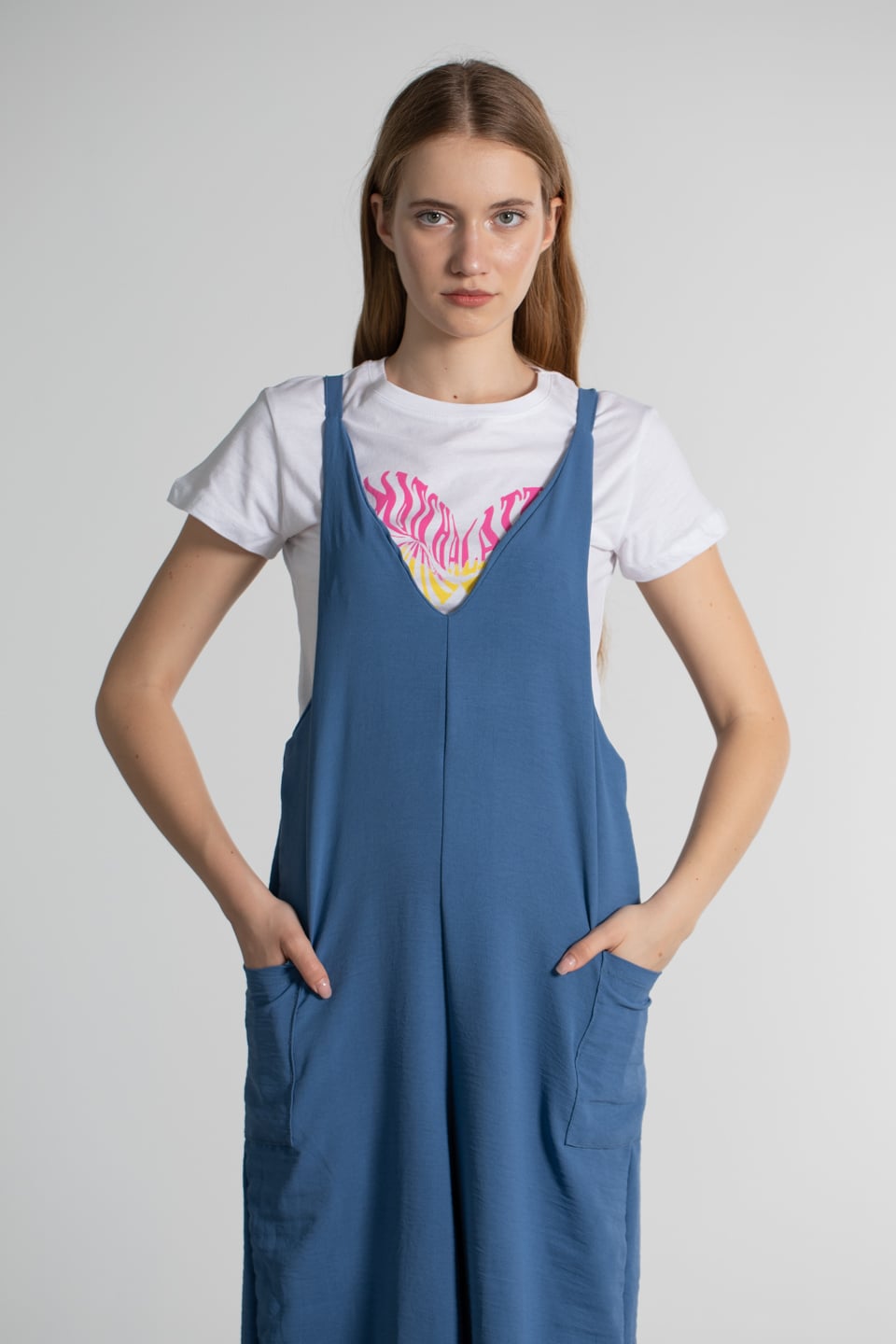 V yaka torba cepli tulum-3915 İndigo