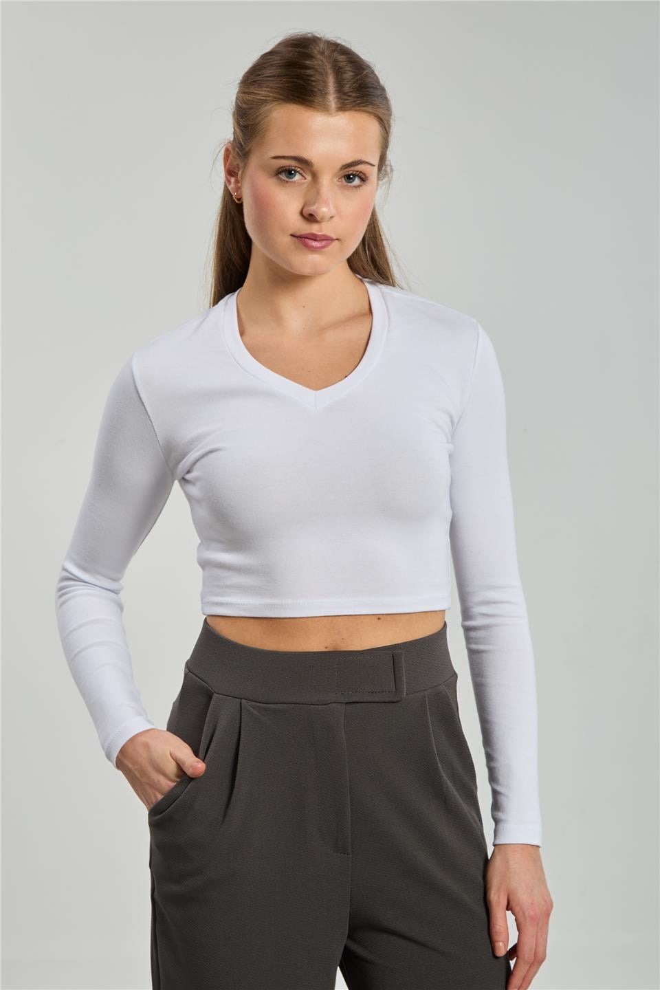 V yaka uzun kol body-4455 Beyaz