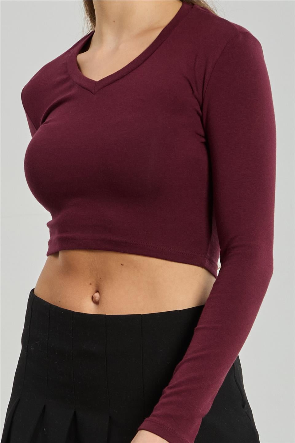 V yaka uzun kol body-4455 Bordo