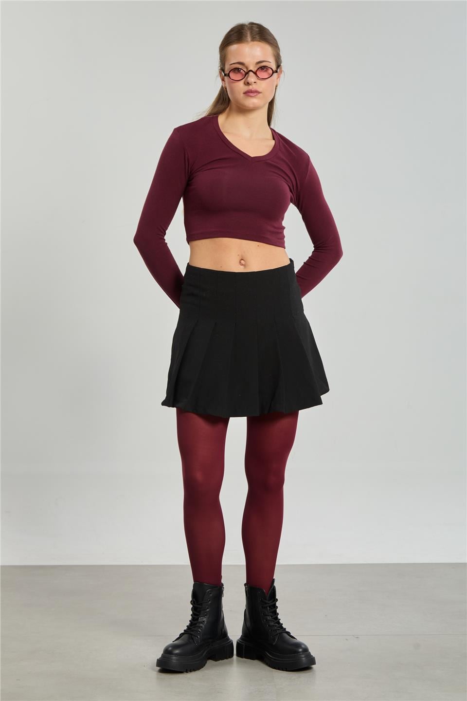V yaka uzun kol body-4455 Bordo