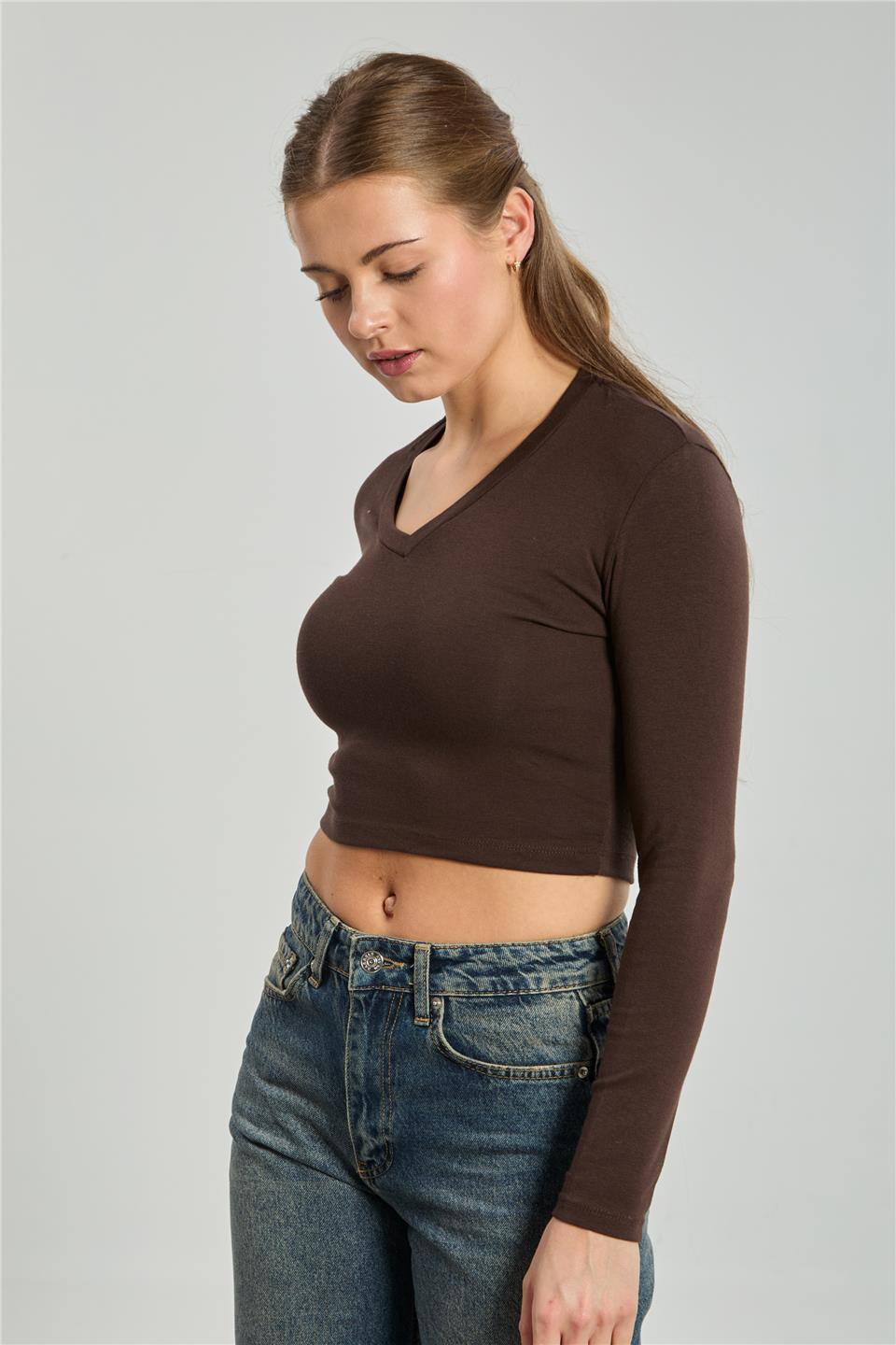 V yaka uzun kol body-4455 Kahve