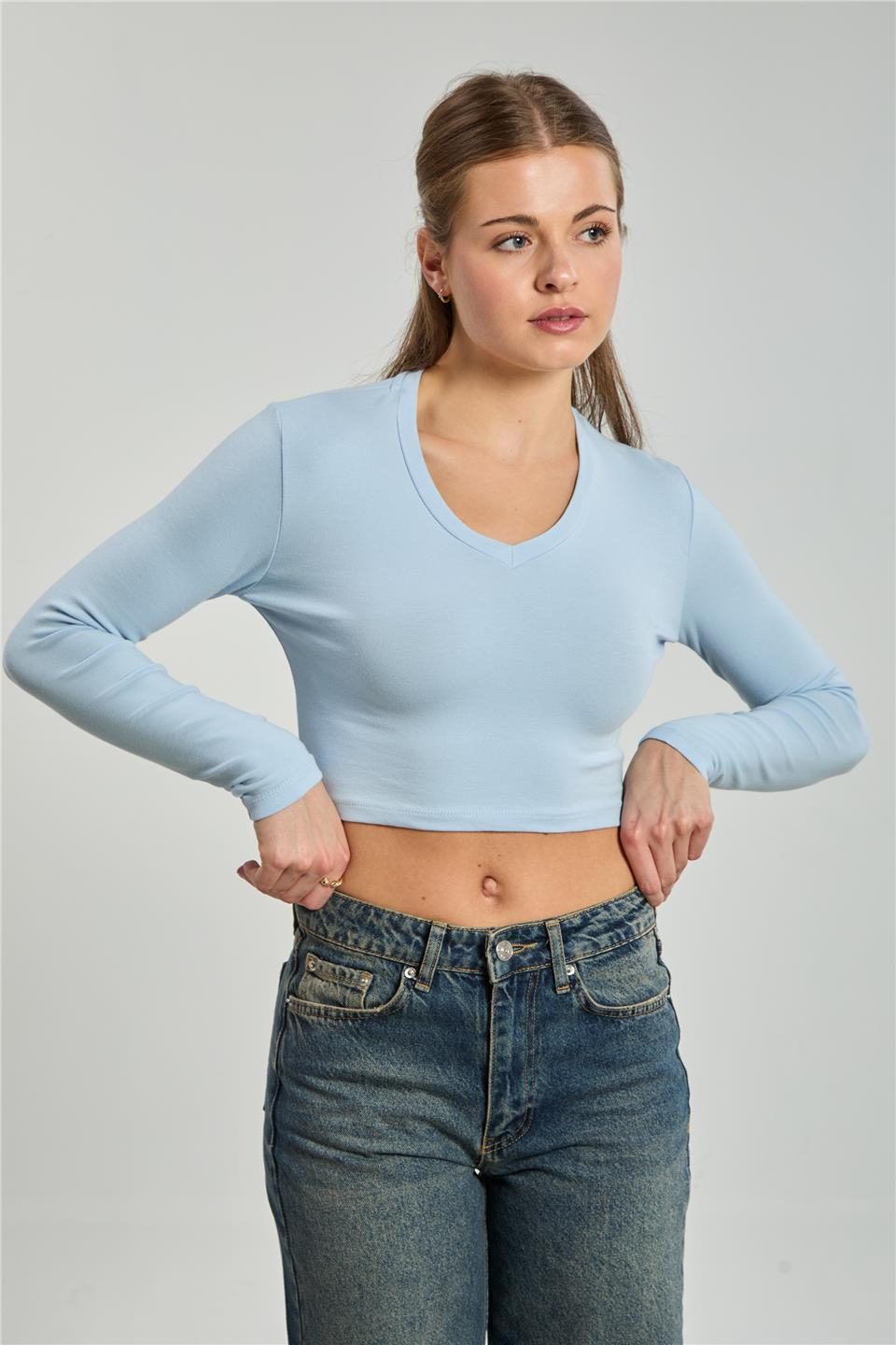 V yaka uzun kol body-4455 Mavi