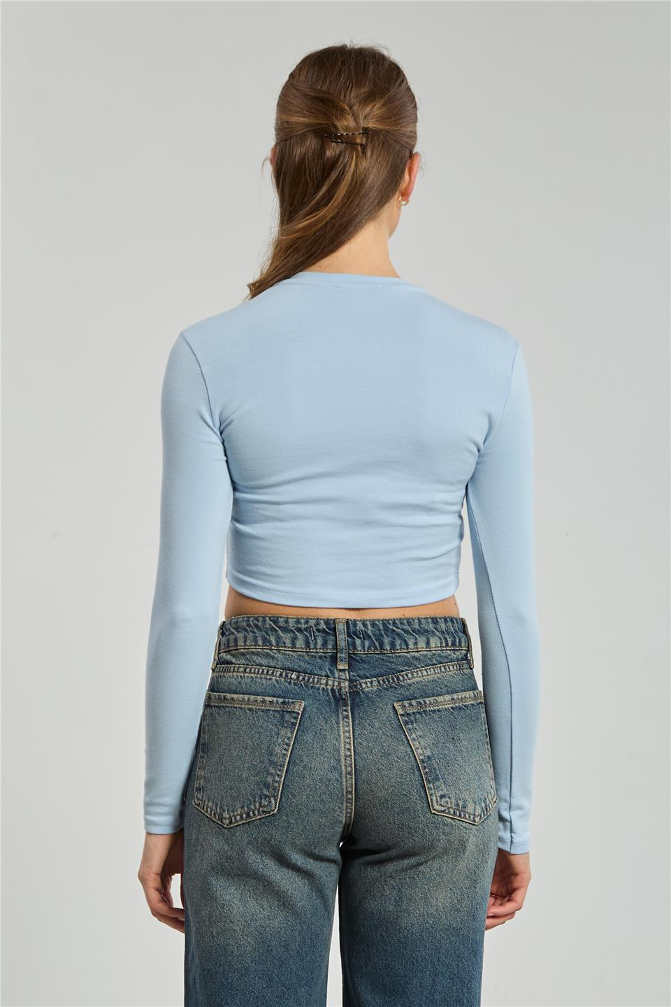 V yaka uzun kol body-4455 Mavi