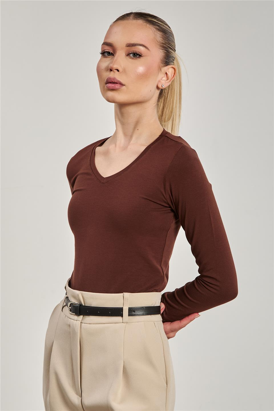 V yaka uzun kollu body-151 Acı Kahve