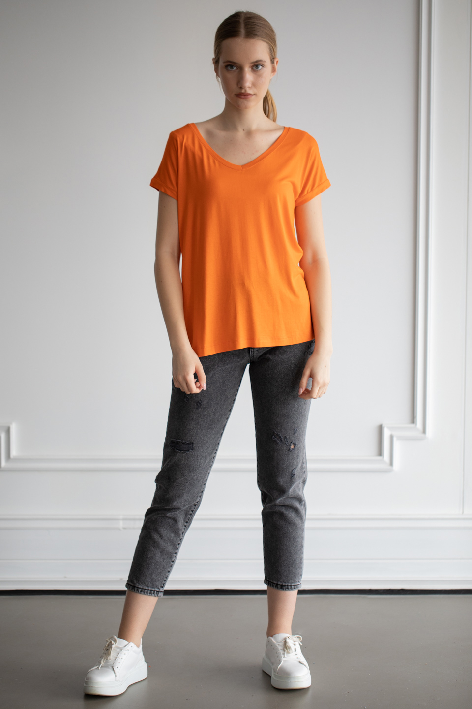 V yaka yırtmaçlı t-shirt-2000 Oranj