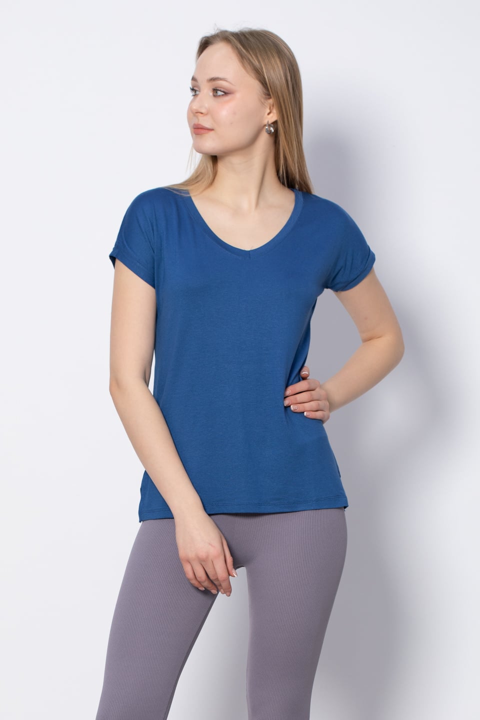 V Yaka Yırtmaçlı T-Shirt - İndigo