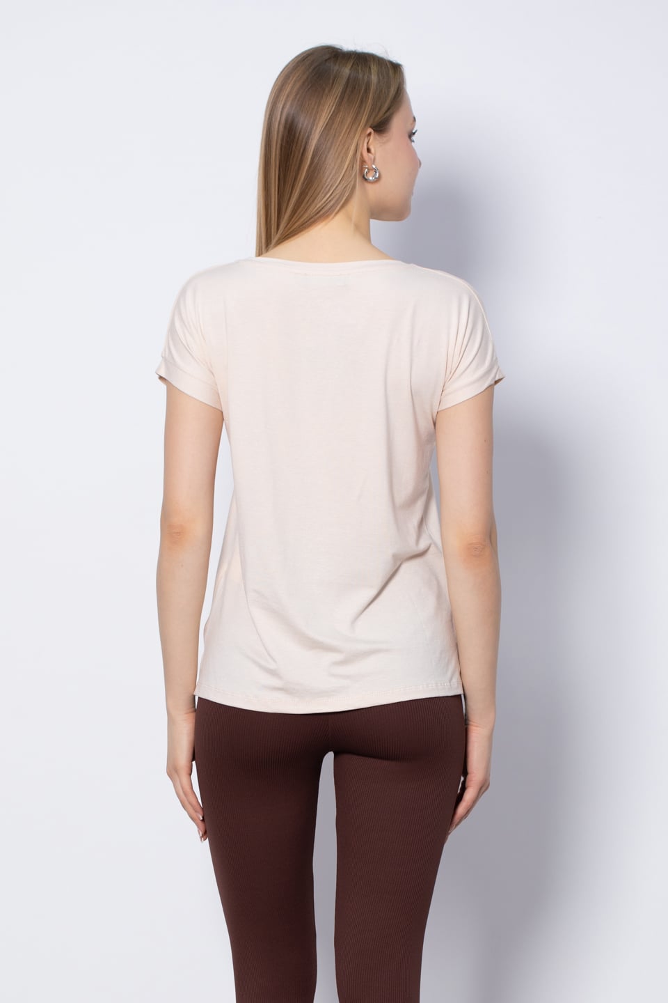 V Yaka Yırtmaçlı T-Shirt - Taş