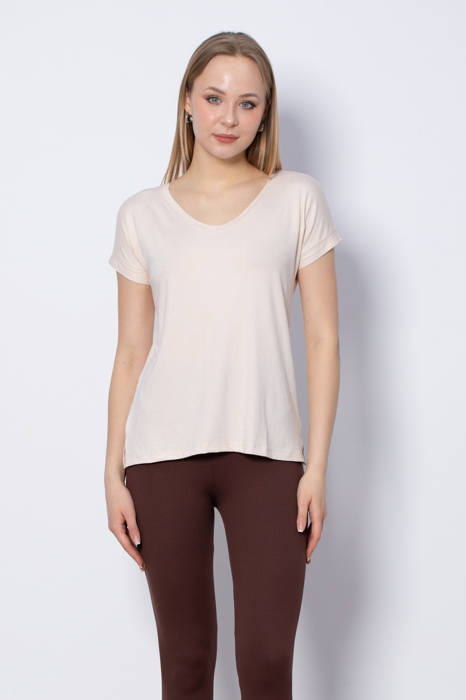 V Yaka Yırtmaçlı T-Shirt - Taş