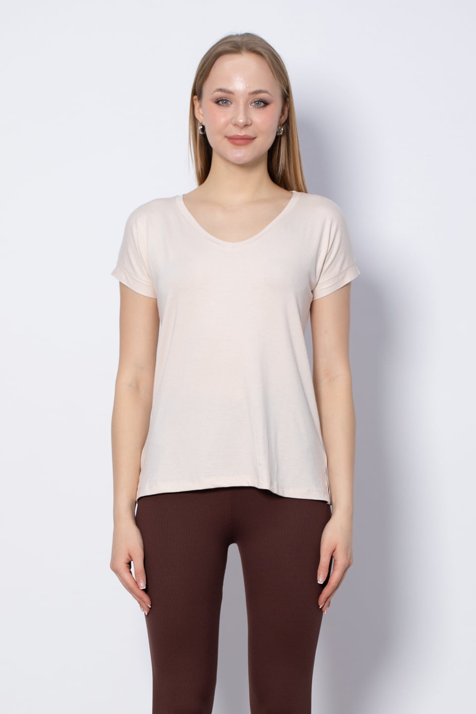 V Yaka Yırtmaçlı T-Shirt - Taş