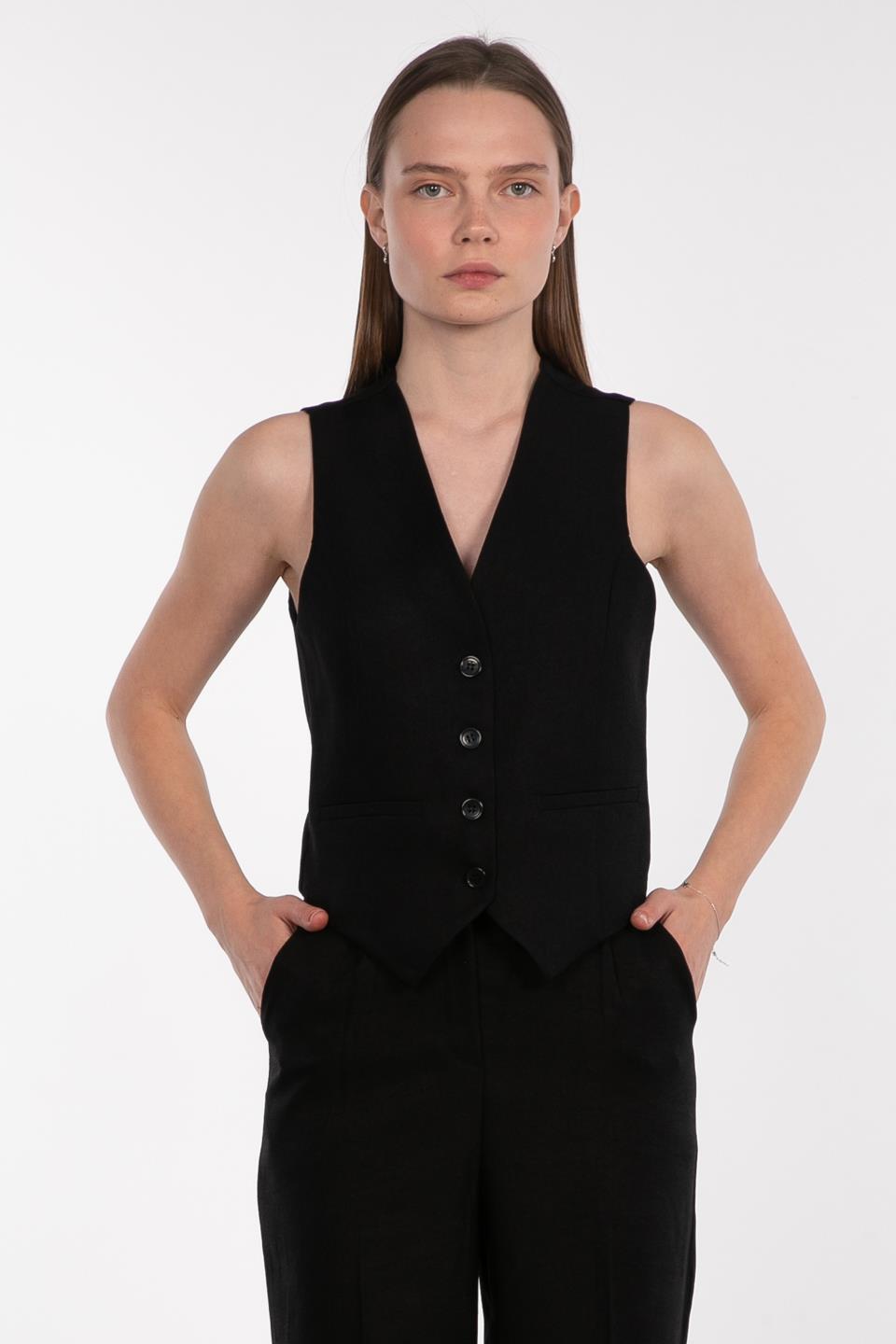 V yaka yün karışımlı yelek-6835 Siyah