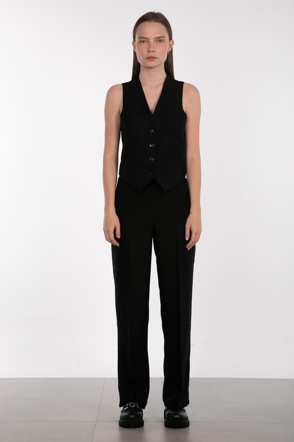 V yaka yün karışımlı yelek-6835 Siyah