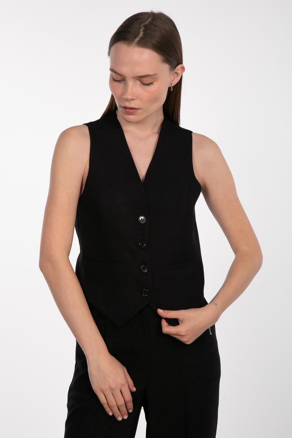 V yaka yün karışımlı yelek-6835 Siyah