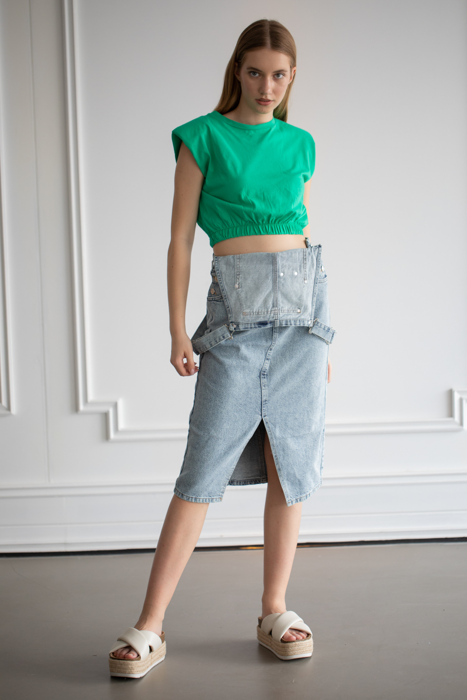 Vatkalı beli lastikli crop t-shirt-4017 Benetton