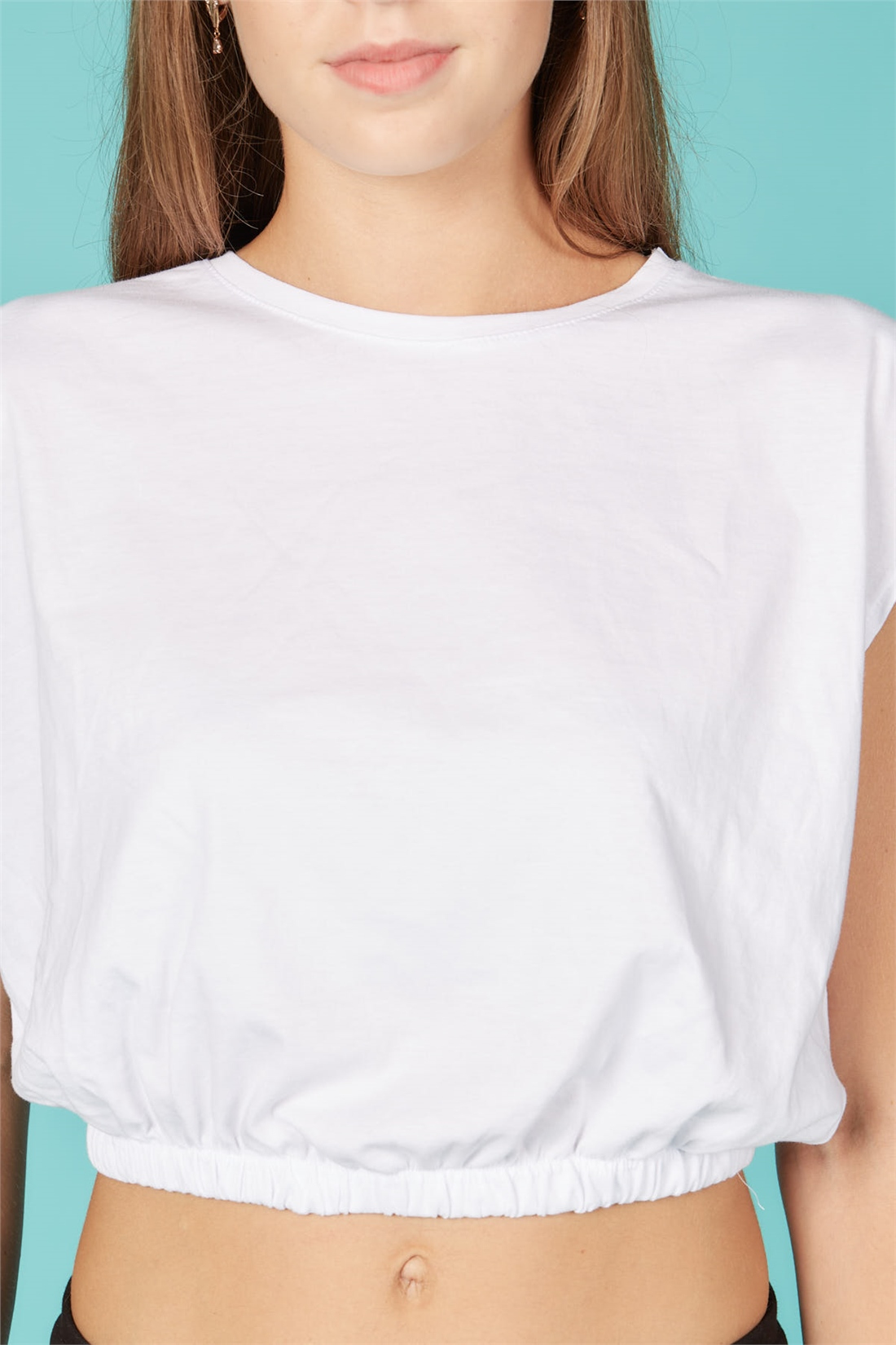 Vatkalı Beli Lastikli T-Shirt-Beyaz