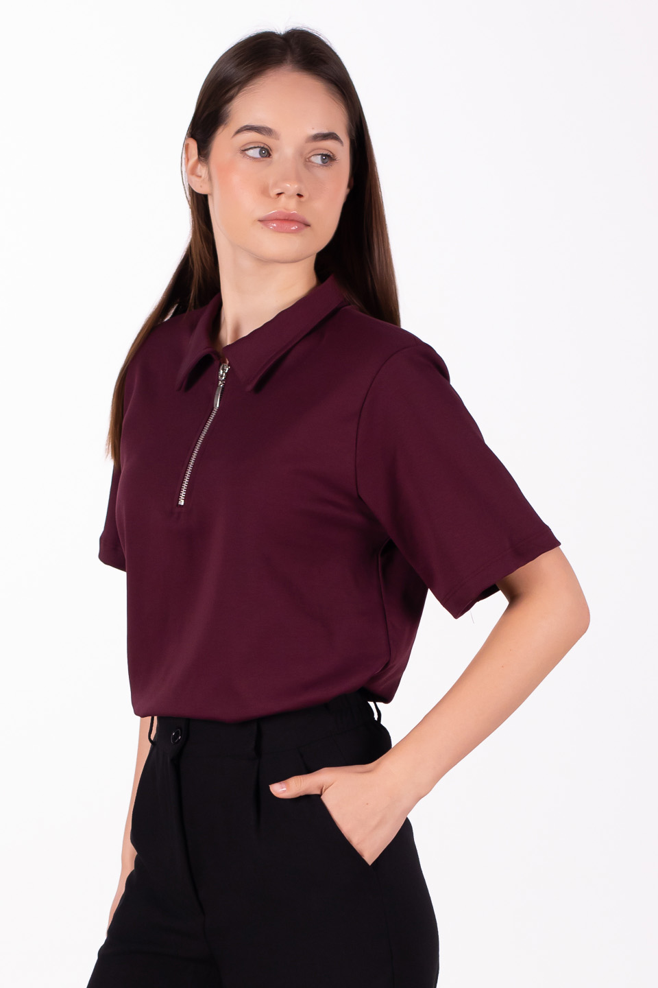 Vatkalı fermuarlı polo yaka t-shirt-5337 Bordo