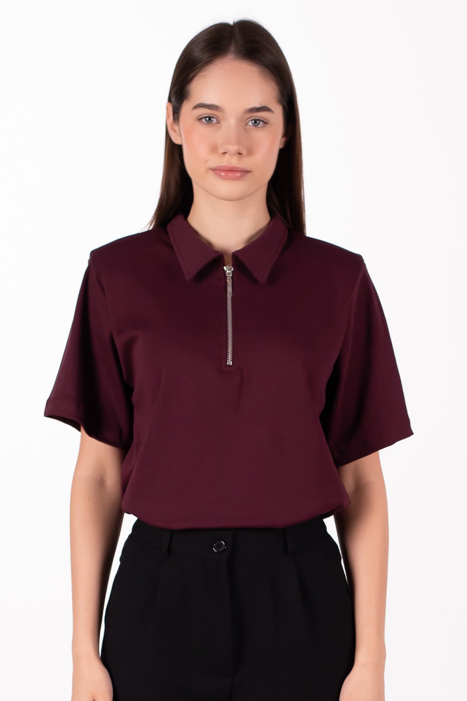 Vatkalı fermuarlı polo yaka t-shirt-5337 Bordo