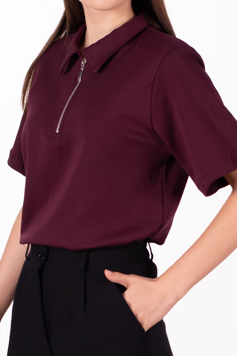 Vatkalı fermuarlı polo yaka t-shirt-5337 Bordo
