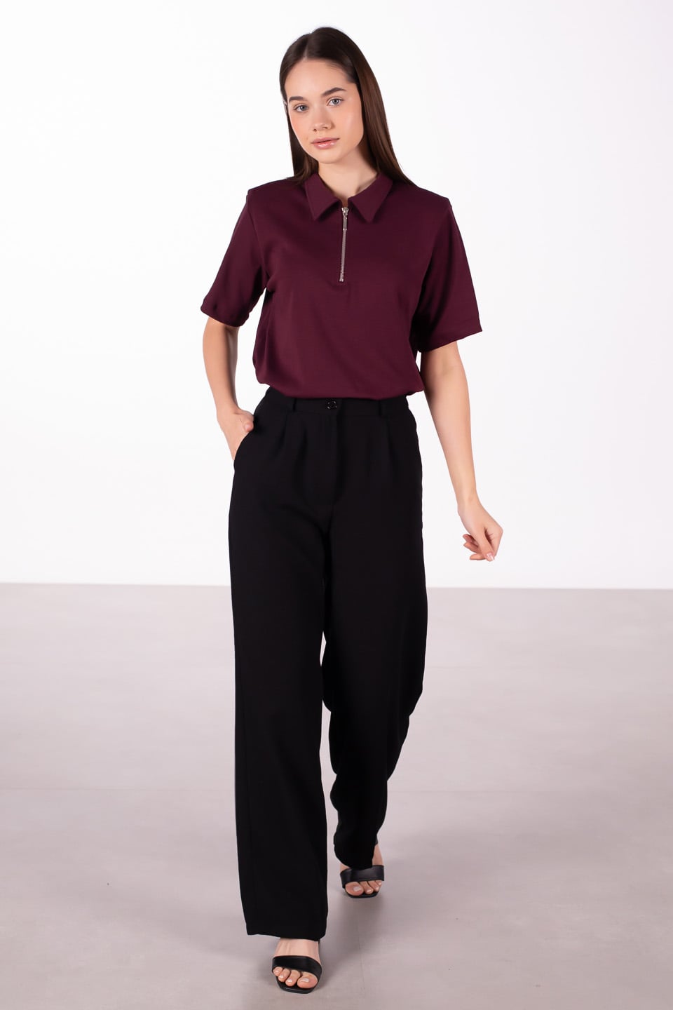 Vatkalı fermuarlı polo yaka t-shirt-5337 Bordo