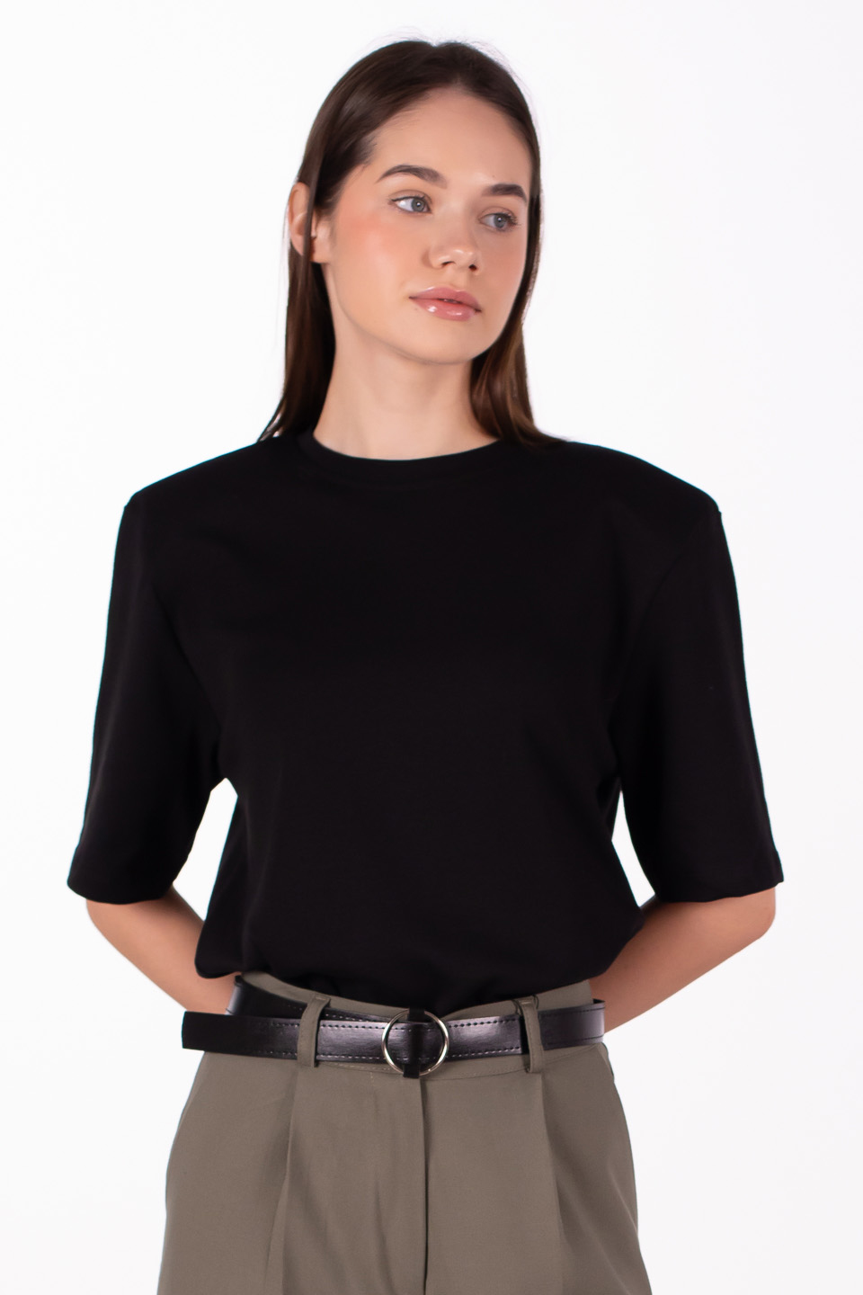 Vatkalı kısa kol t-shirt-5517 Siyah