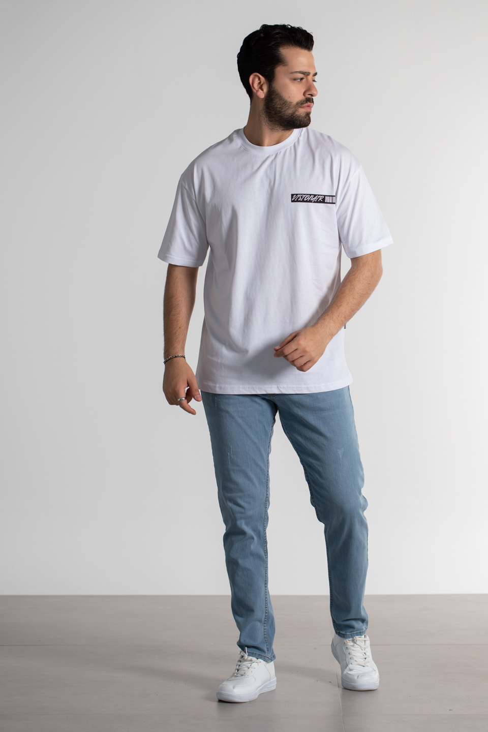 Vıstonaır baskılı oversize t-shirt-4462 Beyaz