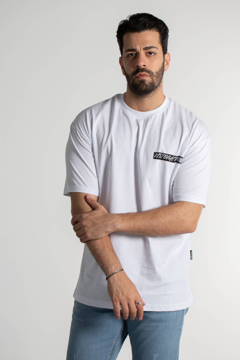 Vıstonaır baskılı oversize t-shirt-4462 Beyaz