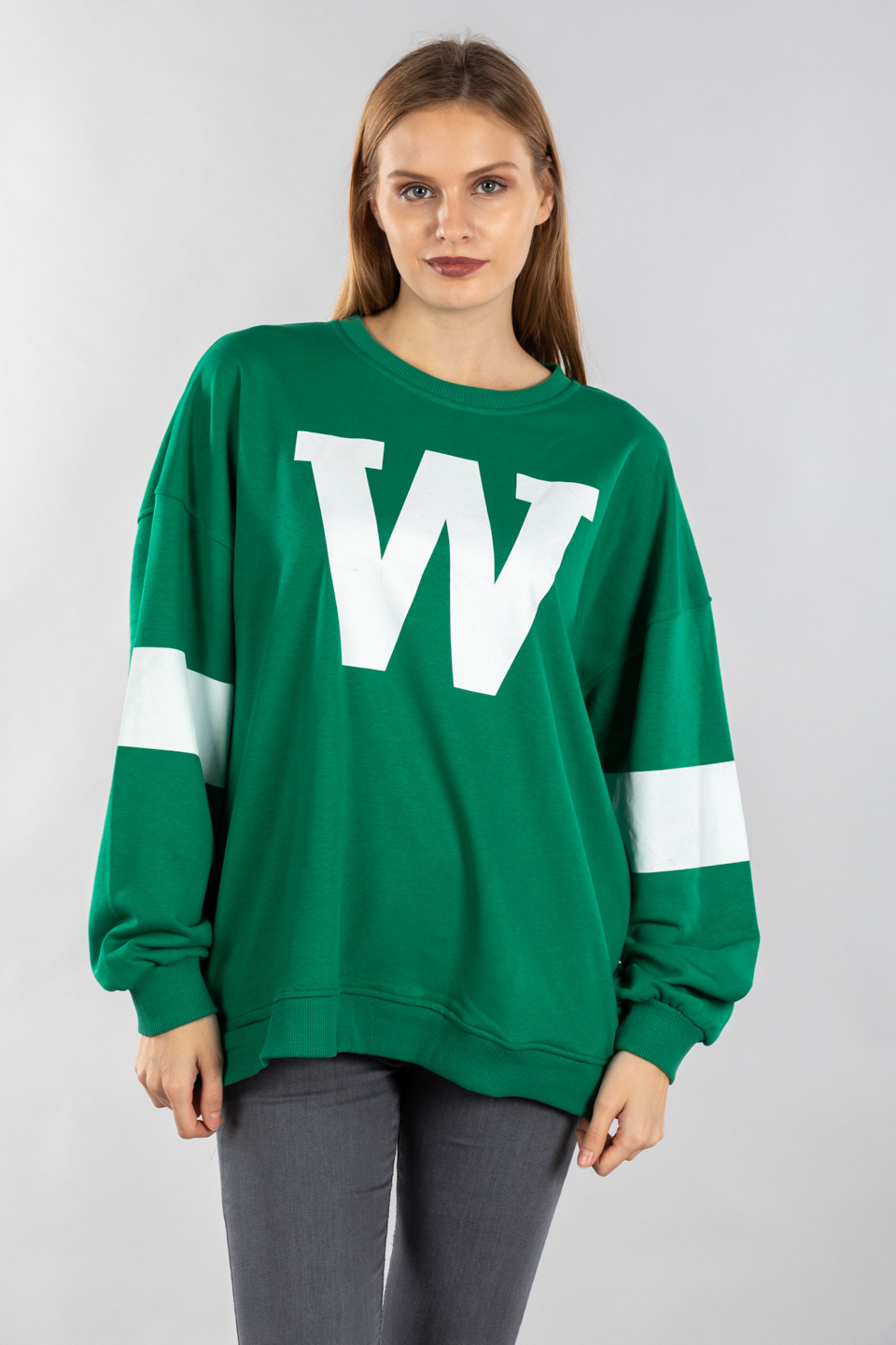 W baskılı oversize sweatshirt-5194 Benetton/Beyaz